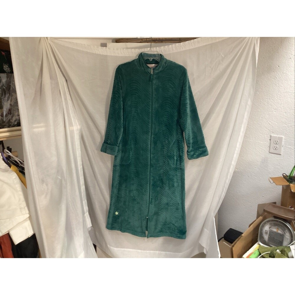 Stan Herman women’s robe sz S plush green wave pattern zip front pockets